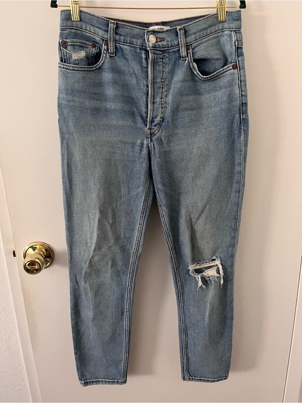 RE/DONE 90s High Rise Ankle Crop Jeans Light Wash Distressed Knee Size 29